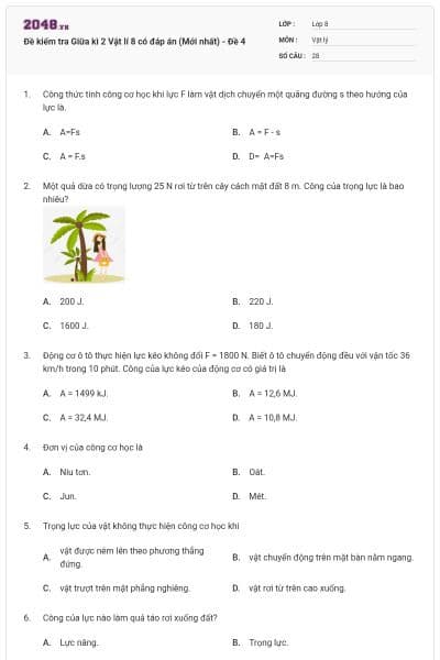 Đề kiểm tra Giữa kì 2 Vật lí 8 có đáp án (Mới nhất) - Đề 4