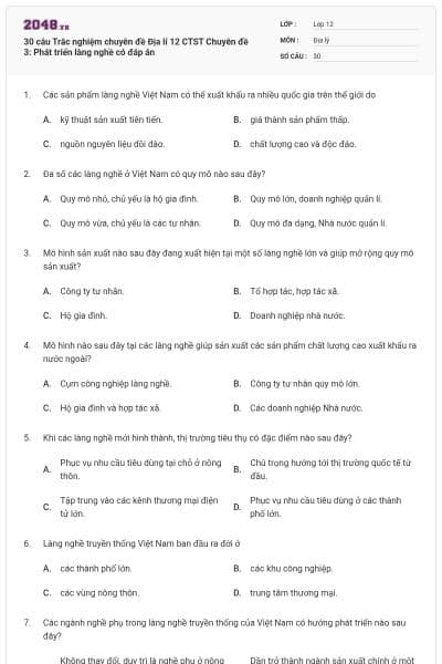 30 câu Trắc nghiệm chuyên đề Địa lí 12 CTST Chuyên đề 3: Phát triển làng nghề có đáp án