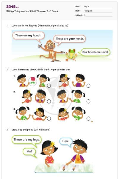 Bài tập Tiếng anh lớp 3 Unit 7 Lesson 3 có đáp án