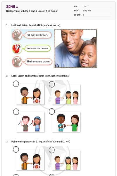 Bài tập Tiếng anh lớp 3 Unit 7 Lesson 4 có đáp án