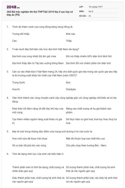 360 Bài trắc nghiệm thi thử THPTQG 2019 Địa lí cực hay có đáp án (P8)