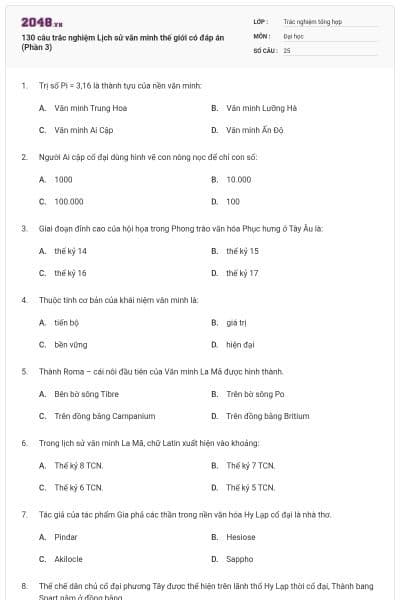 130 câu trắc nghiệm Lịch sử văn minh thế giới có đáp án (Phần 3)