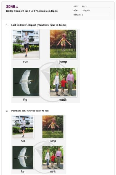 Bài tập Tiếng anh lớp 3 Unit 7 Lesson 6 có đáp án