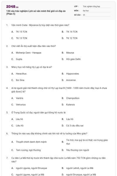 130 câu trắc nghiệm Lịch sử văn minh thế giới có đáp án (Phần 5)