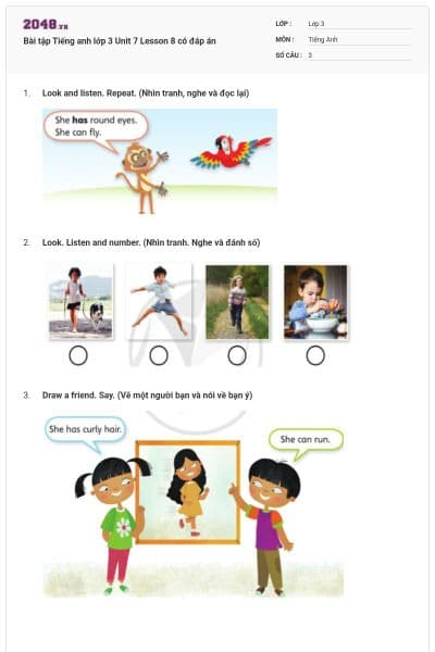 Bài tập Tiếng anh lớp 3 Unit 7 Lesson 8 có đáp án