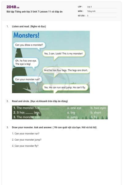 Bài tập Tiếng anh lớp 3 Unit 7 Lesson 11 có đáp án