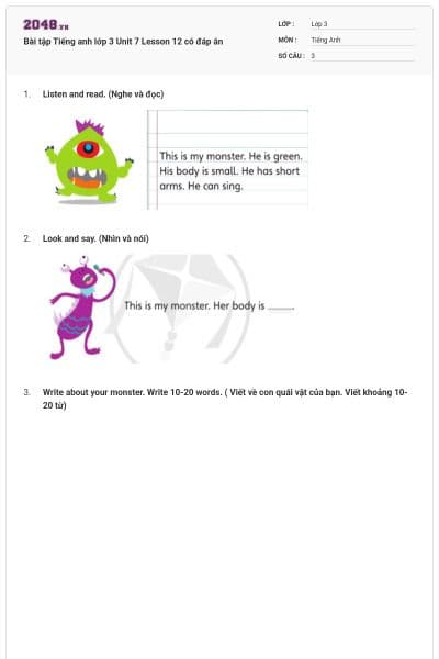 Bài tập Tiếng anh lớp 3 Unit 7 Lesson 12 có đáp án