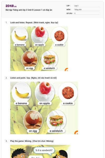 Bài tập Tiếng anh lớp 3 Unit 8 Lesson 1 có đáp án