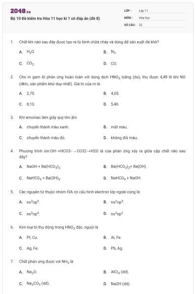 Bộ 10 Đề kiểm tra Hóa 11 học kì 1 có đáp án (đề 8)