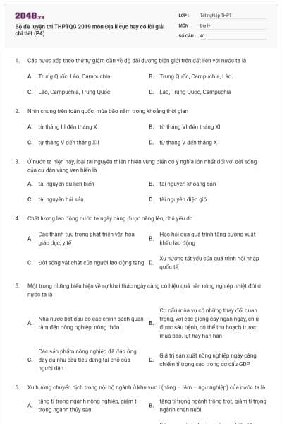 Bộ đề luyện thi THPTQG 2019 môn Địa lí cực hay có lời giải chi tiết (P4)