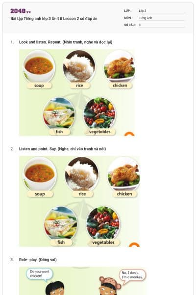 Bài tập Tiếng anh lớp 3 Unit 8 Lesson 2 có đáp án