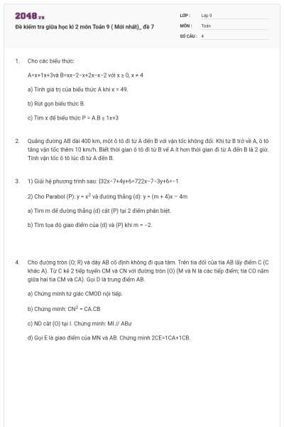 Đề kiểm tra giữa học kì 2 môn Toán 9 ( Mới nhất)_ đề 7