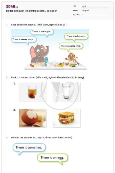 Bài tập Tiếng anh lớp 3 Unit 8 Lesson 7 có đáp án