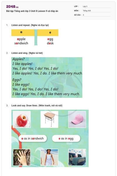 Bài tập Tiếng anh lớp 3 Unit 8 Lesson 9 có đáp án