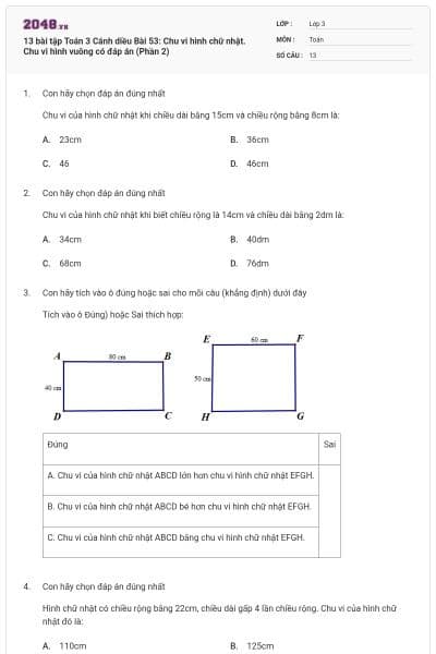 13 bài tập Toán 3 Cánh diều Bài 53: Chu vi hình chữ nhật. Chu vi hình vuông có đáp án (Phần 2)