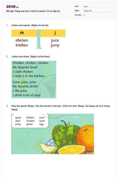 Bài tập Tiếng anh lớp 3 Unit 8 Lesson 10 có đáp án