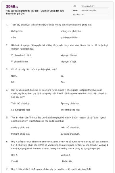 400 Bài trắc nghiệm thi thử THPTQG môn Công dân cực hay có lời giải (P8)