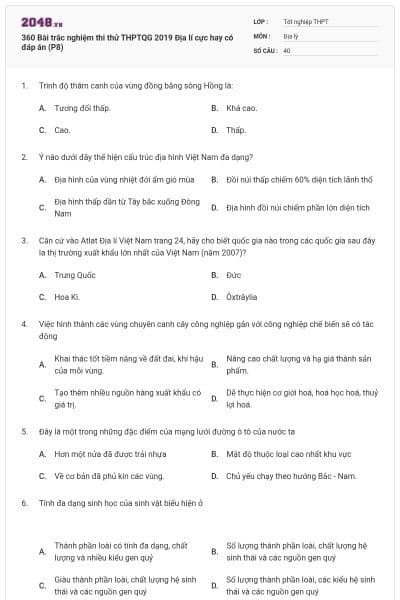 360 Bài trắc nghiệm thi thử THPTQG 2019 Địa lí cực hay có đáp án (P8)