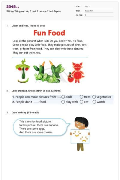 Bài tập Tiếng anh lớp 3 Unit 8 Lesson 11 có đáp án