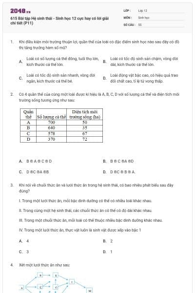 615 Bài tập Hệ sinh thái - Sinh học 12 cực hay có lời giải chi tiết (P11)