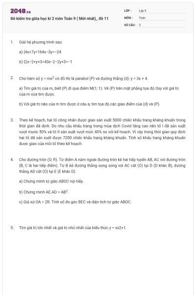 Đề kiểm tra giữa học kì 2 môn Toán 9 ( Mới nhất)_ đề 11