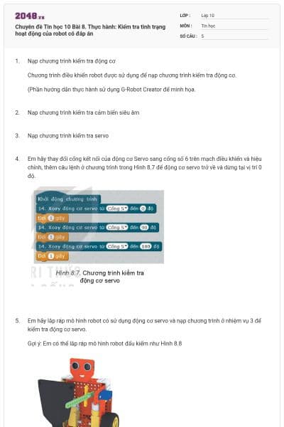 Chuyên đề Tin học 10 Bài 8. Thực hành: Kiểm tra tình trạng hoạt động của robot có đáp án