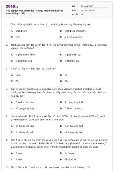 400 Bài trắc nghiệm thi thử THPTQG môn Công dân cực hay có lời giải (P8)