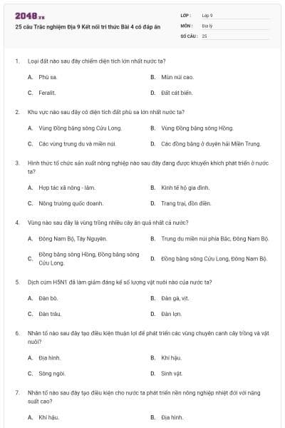 25 câu Trắc nghiệm Địa 9 Kết nối tri thức Bài 4 có đáp án