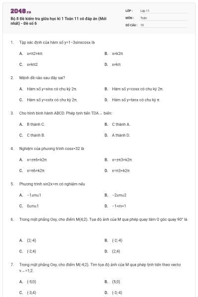Bộ 8 Đề kiểm tra giữa học kì 1 Toán 11 có đáp án (Mới nhất) - Đề số 6