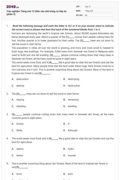 Trắc nghiệm Tiếng anh 12 Điền vào chỗ trống có đáp án (phần 3)