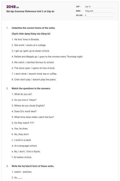 Bài tập Grammar Reference Unit 2 có đáp án