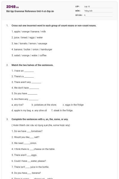 Bài tập Grammar Reference Unit 4 có đáp án