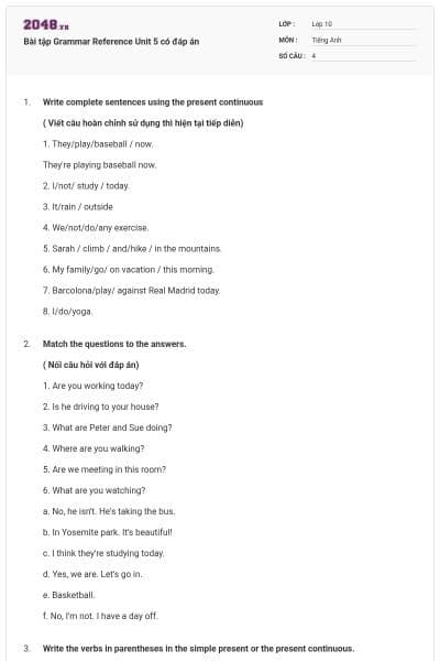 Bài tập Grammar Reference Unit 5 có đáp án