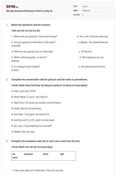 Bài tập Grammar Reference Unit 8 có đáp án