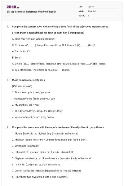 Bài tập Grammar Reference Unit 9 có đáp án