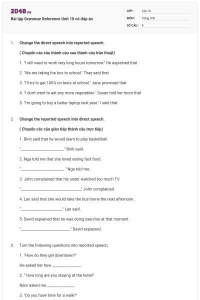 Bài tập Grammar Reference Unit 10 có đáp án