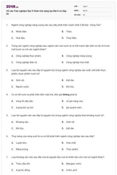 25 câu Trắc nghiệm Địa 9 Chân trời sáng tạo Bài 6 có đáp án
