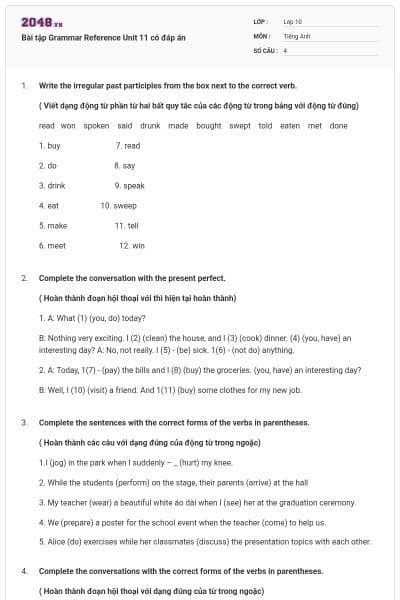 Bài tập Grammar Reference Unit 11 có đáp án