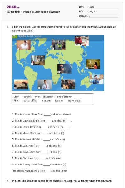 Bài tập Unit 1: People A: Meet people có đáp án