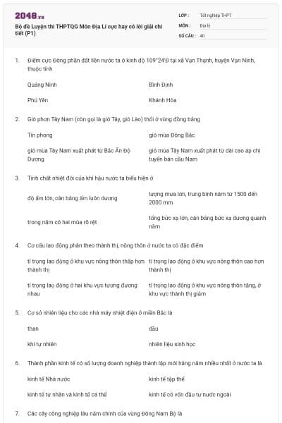 Bộ đề Luyện thi THPTQG Môn Địa Lí cực hay có lời giải chi tiết (P1)