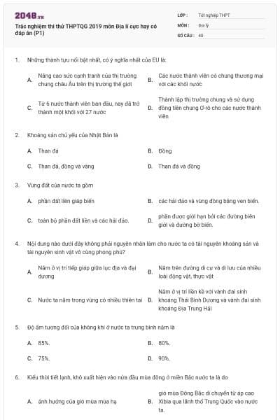 Trắc nghiệm thi thử THPTQG 2019 môn Địa lí cực hay có đáp án (P1)