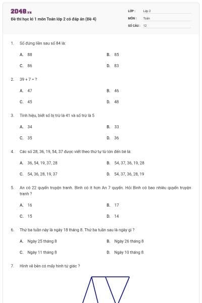 Đề thi học kì 1 môn Toán lớp 2 có đáp án (Đề 4)