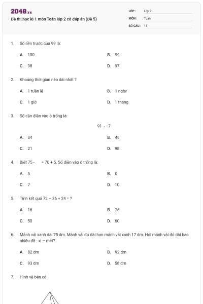 Đề thi học kì 1 môn Toán lớp 2 có đáp án (Đề 5)