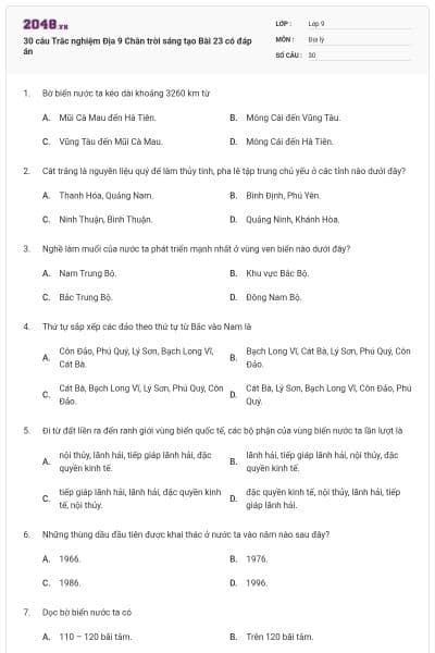 30 câu Trắc nghiệm Địa 9 Chân trời sáng tạo Bài 23 có đáp án