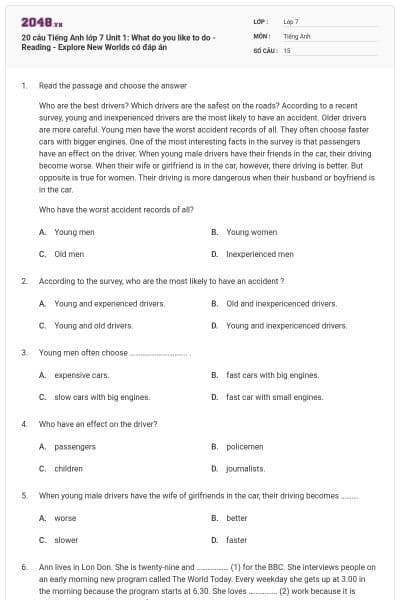 20 câu Tiếng Anh lớp 7 Unit 1: What do you like to do - Reading - Explore New Worlds có đáp án