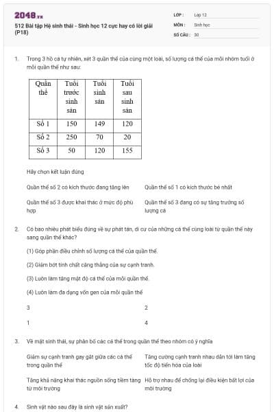 512 Bài tập Hệ sinh thái - Sinh học 12 cực hay có lời giải (P18)
