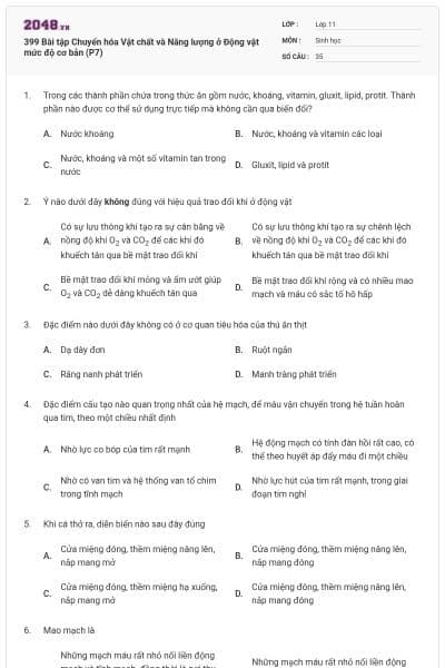 399 Bài tập Chuyển hóa Vật chất và Năng lượng ở Động vật mức độ cơ bản (P7)