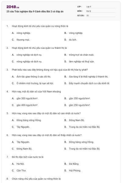 25 câu Trắc nghiệm Địa 9 Cánh diều Bài 2 có đáp án