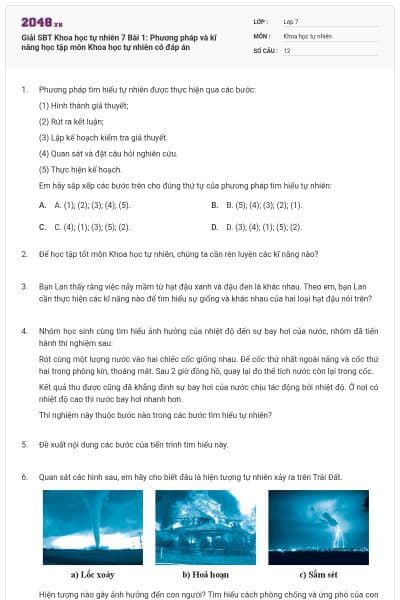 Giải SBT Khoa học tự nhiên 7 Bài 1: Phương pháp và kĩ năng học tập môn Khoa học tự nhiên có đáp án