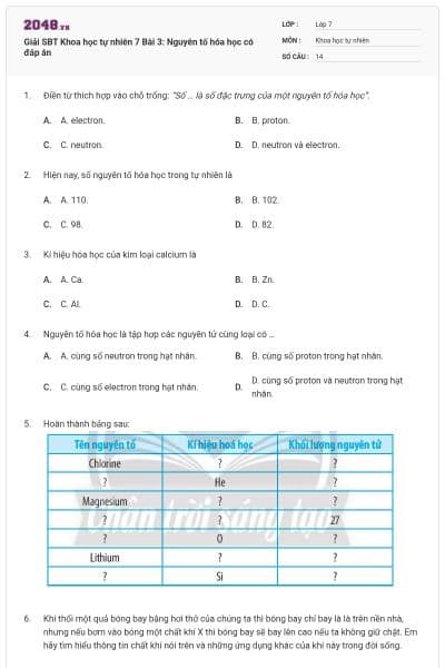 Giải SBT Khoa học tự nhiên 7 Bài 3: Nguyên tố hóa học có đáp án